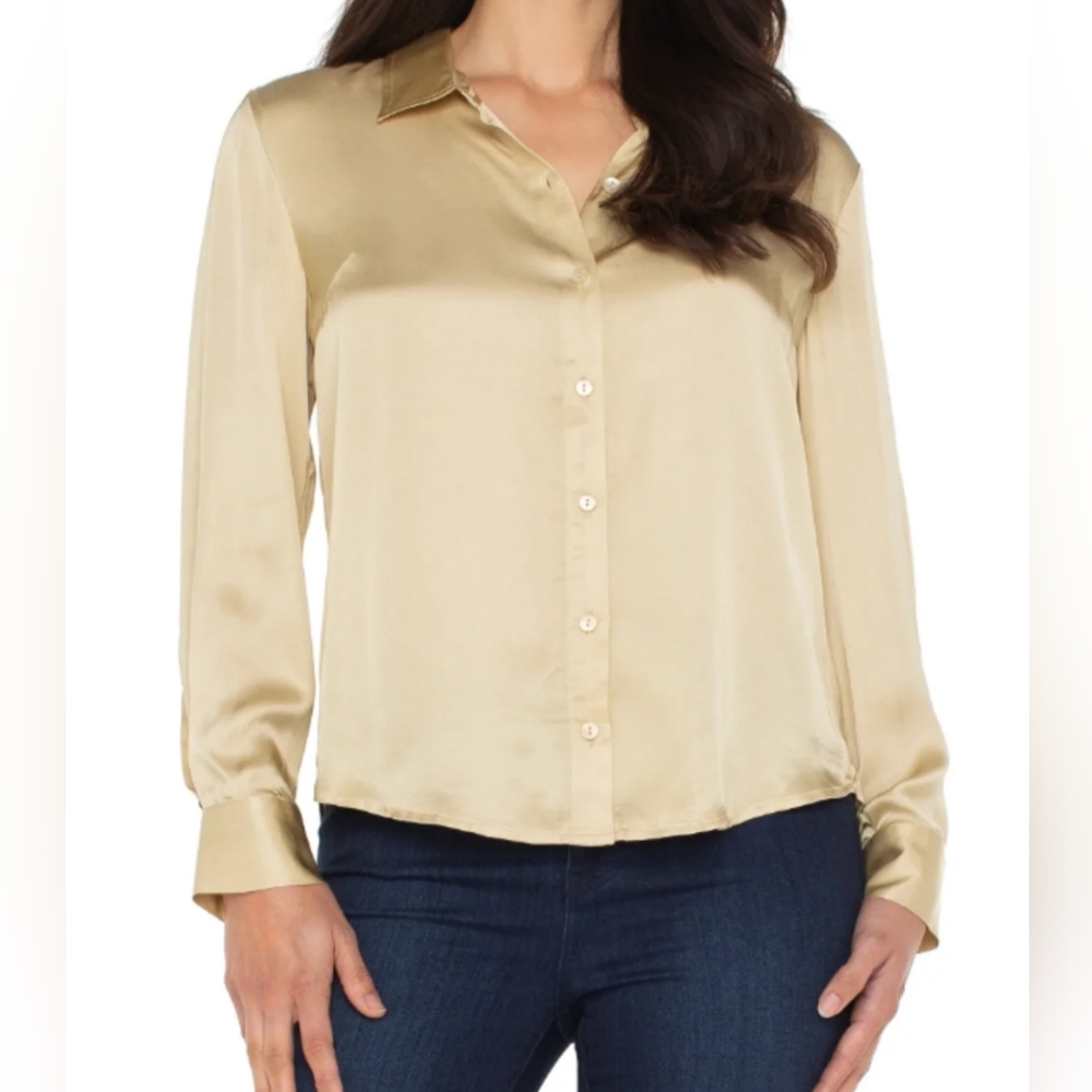 New W tags Gorgeous Liverpool Satin Button-Down Blouse in Champagne Gold- Large
